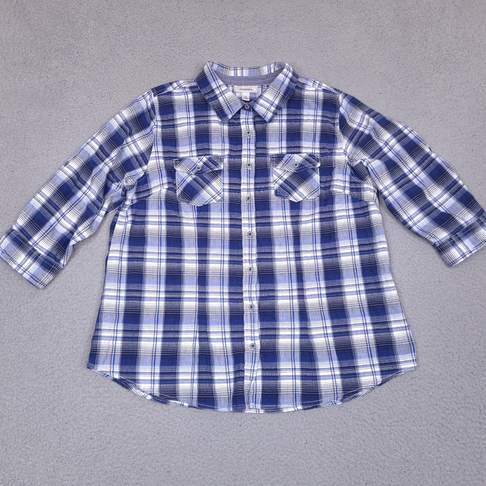 Dressbarn Shirt Womens XL Blue Plaid Button Down Seersucker 3/4 Sleeve Roll Tab‎